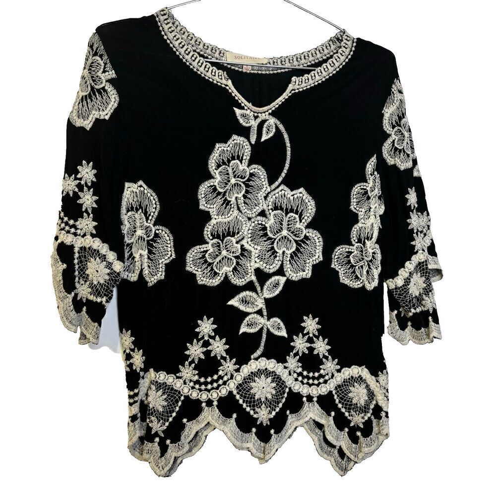 Solitaire Women's Blouse Top Multicolor Small‎ Floral V-Neck Embroidered Rayon